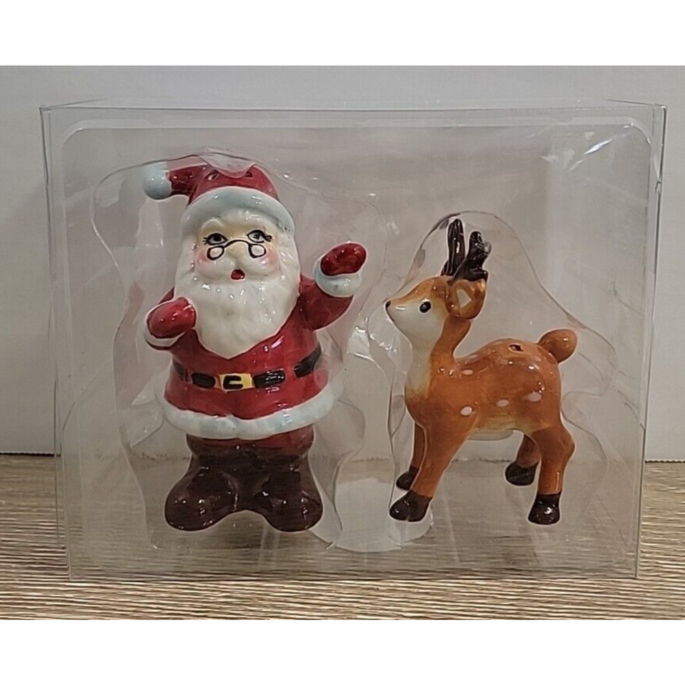 Santa and Reindeer Gibson Home 4" Ceramic Salt and Pepper Shakers